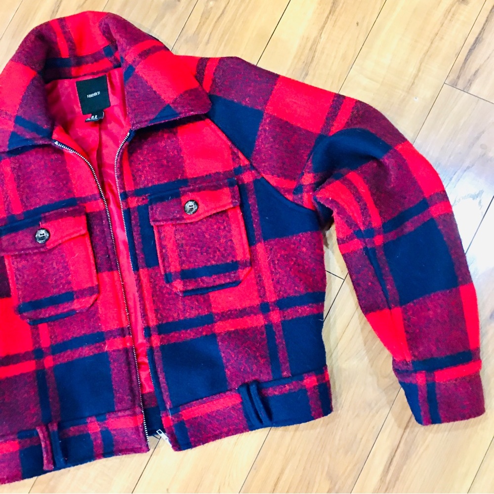 Plaid red navy blue wool cropped winter vintage style jacket coat small …